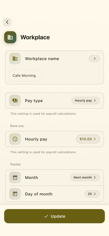 Workplace and salary setup form